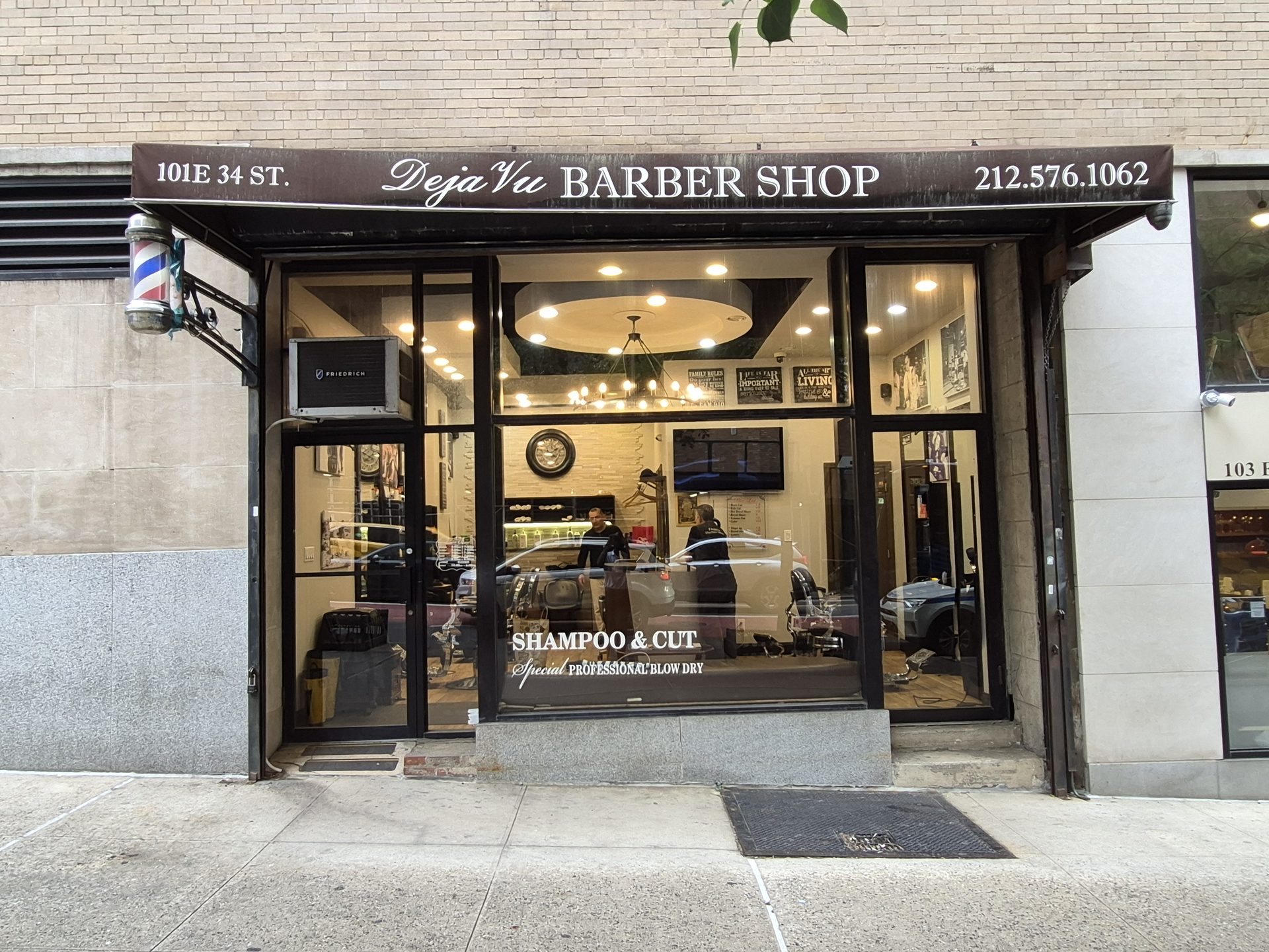 Deja Vu Barbershop storefront, Murray Hill NYC